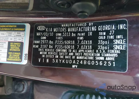 2011 Kia Sorento Ex V6 z USA, uszkodzony, nr VIN 5XYKUDA24BG056251